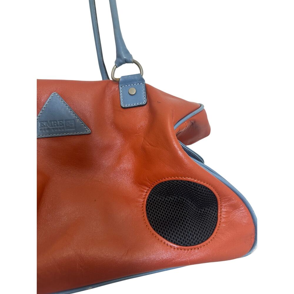 Emre New York Leather Small Pet Carrier Cognac & Blue Dog/Cat Travel Bag 16x10x9 - Picture 8 of 16